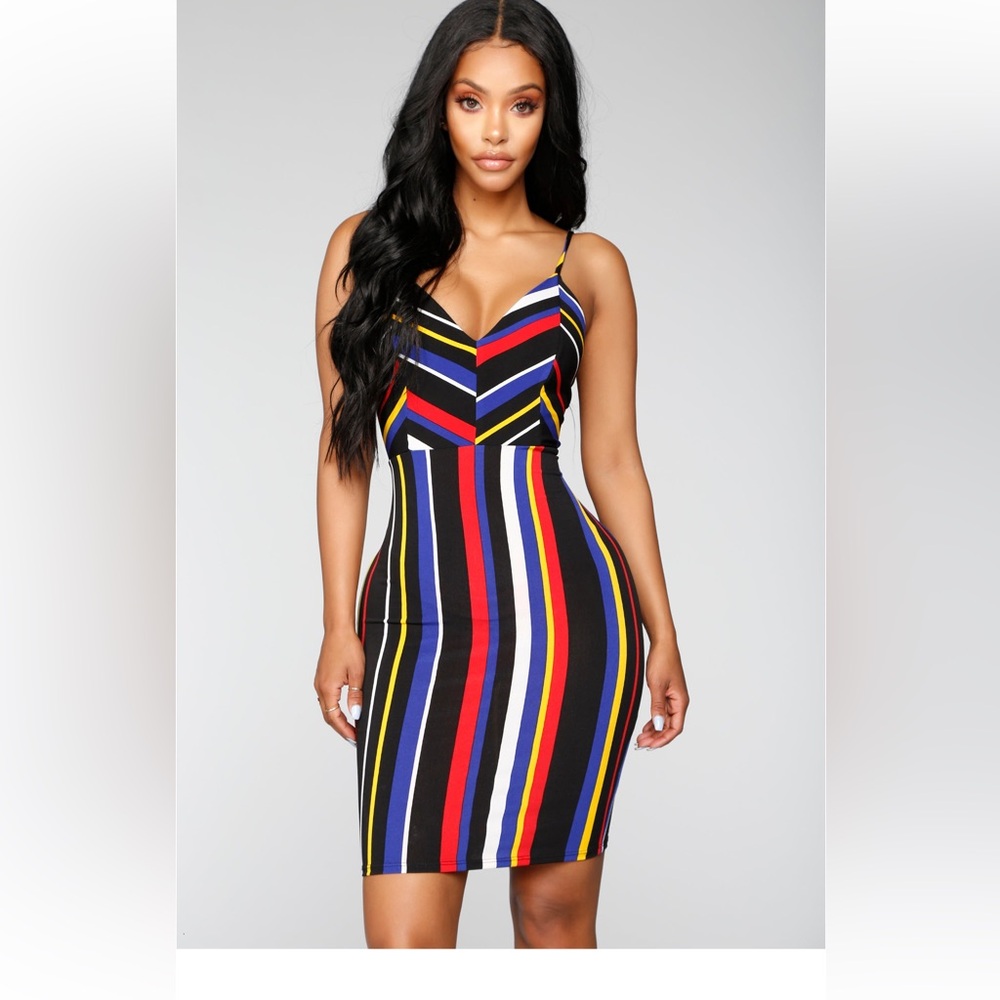 Forever Fortunate Dress - Multi color striped body-con dress Fashion Nova